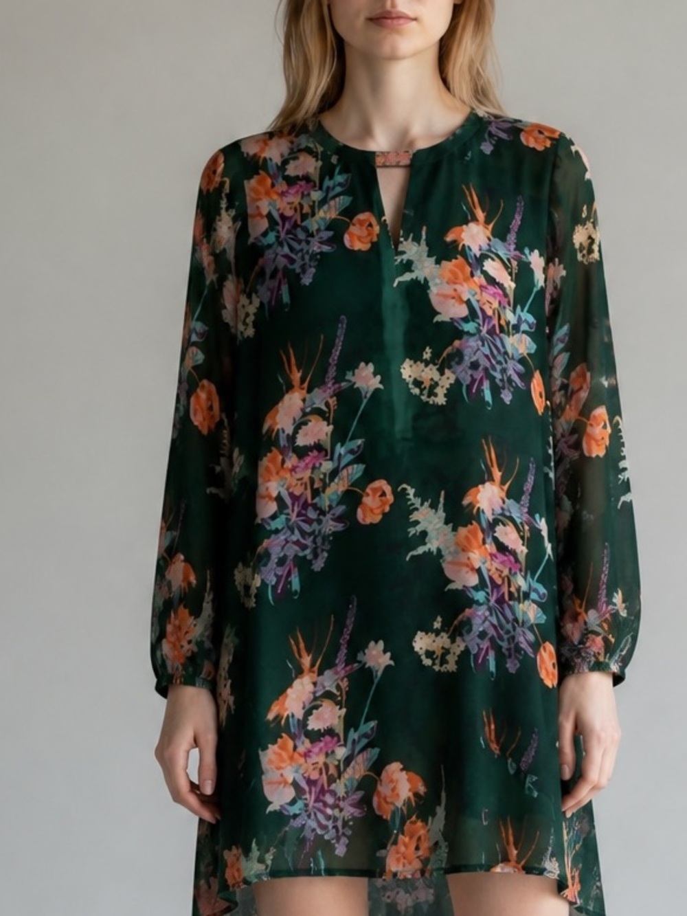 World Market long sleeve dress, size S-M. Hunter green with florals.